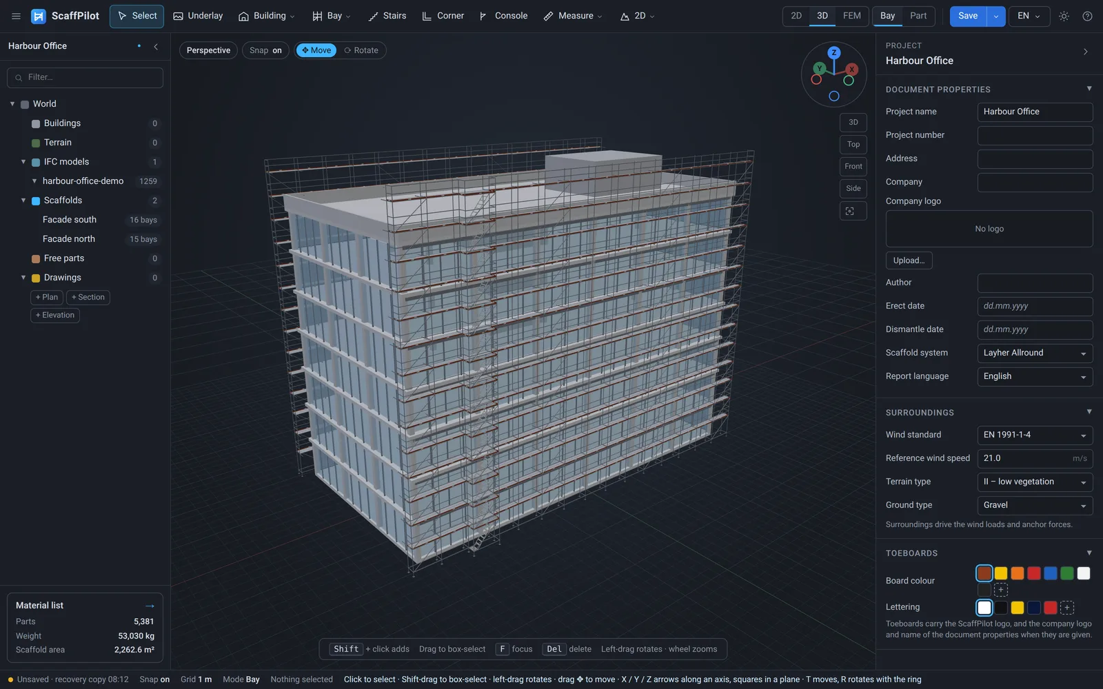 IFC model of an office building in ScaffPilot with facade scaffolds and a stair tower designed around it