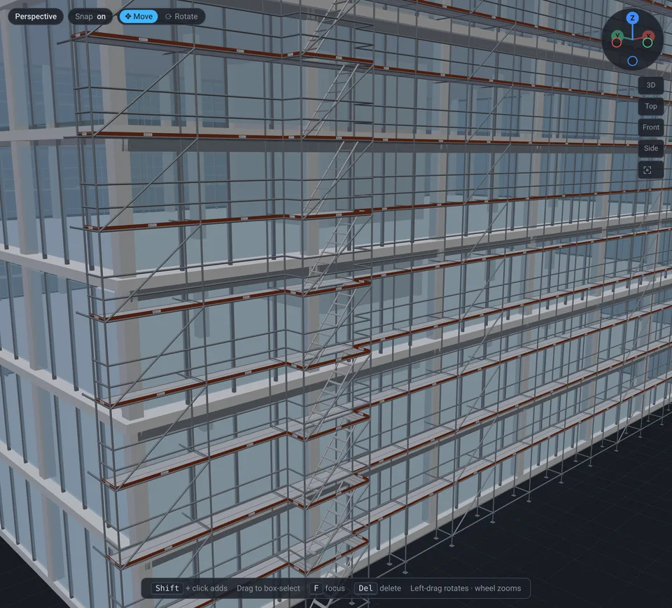 Scaffold decks, guardrails and stair flights in front of the glass facade of an IFC office model