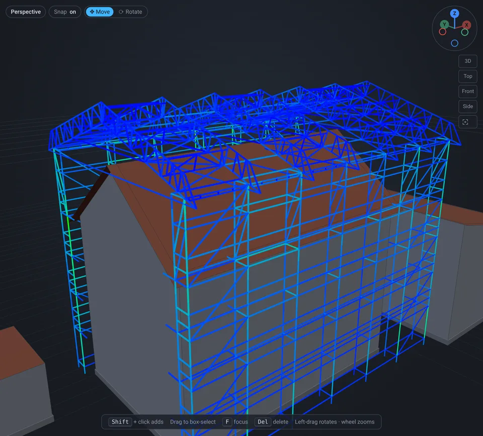 FEM model of a weather-protection roof and the scaffolds that carry it, members coloured by utilisation